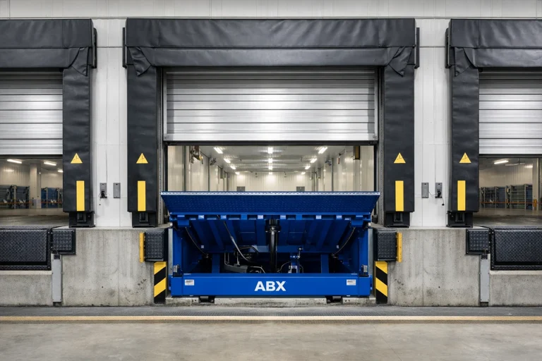 Integrated hydraulic dock leveler and high-speed industrial door optimizing cold chain logistics efficiency.