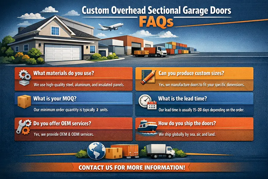 An infographic titled Custom Overhead Sectional Garage Doors FAQs. It details materials like steel and aluminum, 2-unit MOQ, 15-20 days lead time, OEM/ODM services, and global shipping options for residential and industrial use.