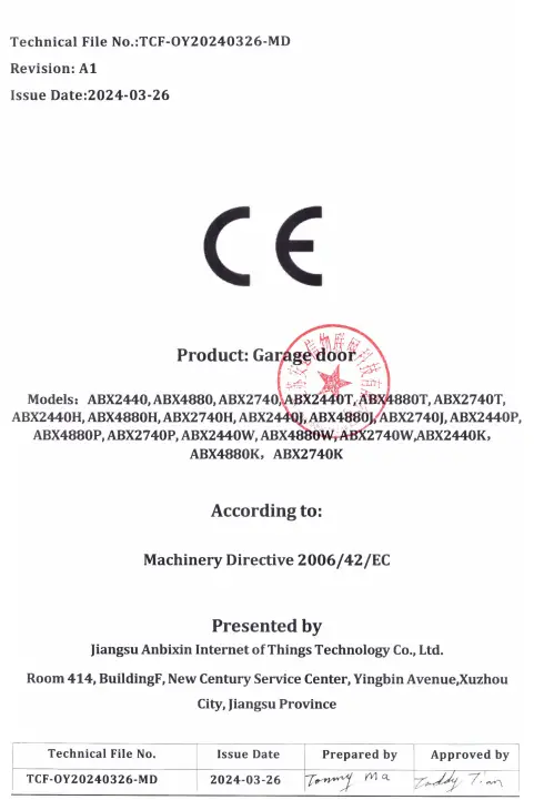 CE certificate for ABX garage doors ensuring international quality standards