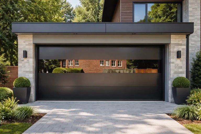 High-end Black Solid-Vision Hybrid Door for Showrooms, ANSI/DASMA 108 Compliant