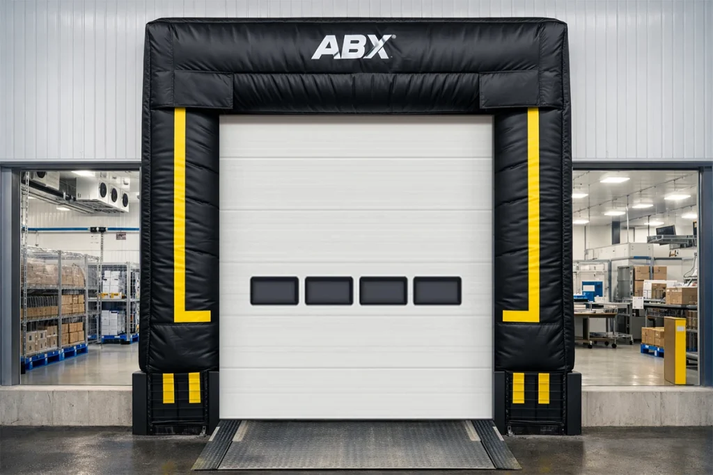 Professional ABX branded inflatable dock seal and shelter at a loading bay, providing an airtight thermal envelope for cold chain logistics and pharmaceutical storage.