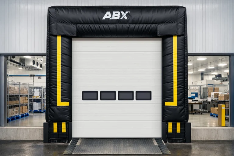 Professional ABX branded inflatable dock seal and shelter at a loading bay, providing an airtight thermal envelope for cold chain logistics and pharmaceutical storage.