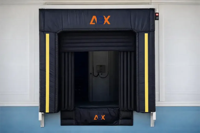 ABX branded inflatable dock seal and shelter installed at a cold chain loading bay, featuring high-visibility yellow guide stripes and an airtight enclosure for maximum energy efficiency.
