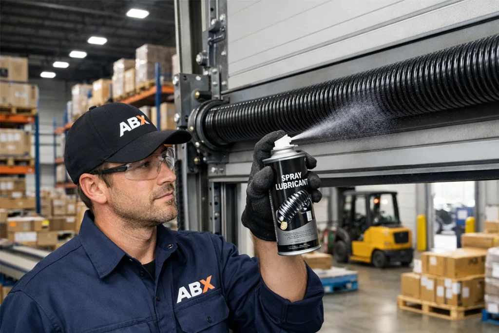 A professional ABX technician applying specialized spray lubricant to a heavy-duty industrial garage door torsion spring in a warehouse to ensure smooth operation and facility ROI.