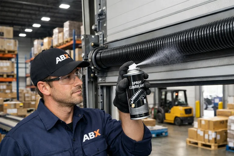 A professional ABX technician applying specialized spray lubricant to a heavy-duty industrial garage door torsion spring in a warehouse to ensure smooth operation and facility ROI.