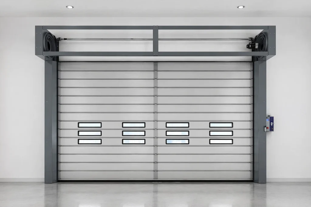 Interior view of an ABX automatic electric roll-up garage door featuring modular panels, vision windows, and a wall-mounted smart control box for seamless industrial maintenance.