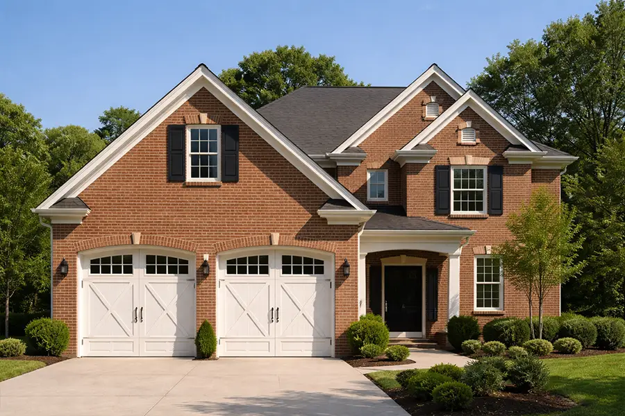 Modern residential garage featuring automatic custom faux wood steel doors with cross-buck design and black hardware.