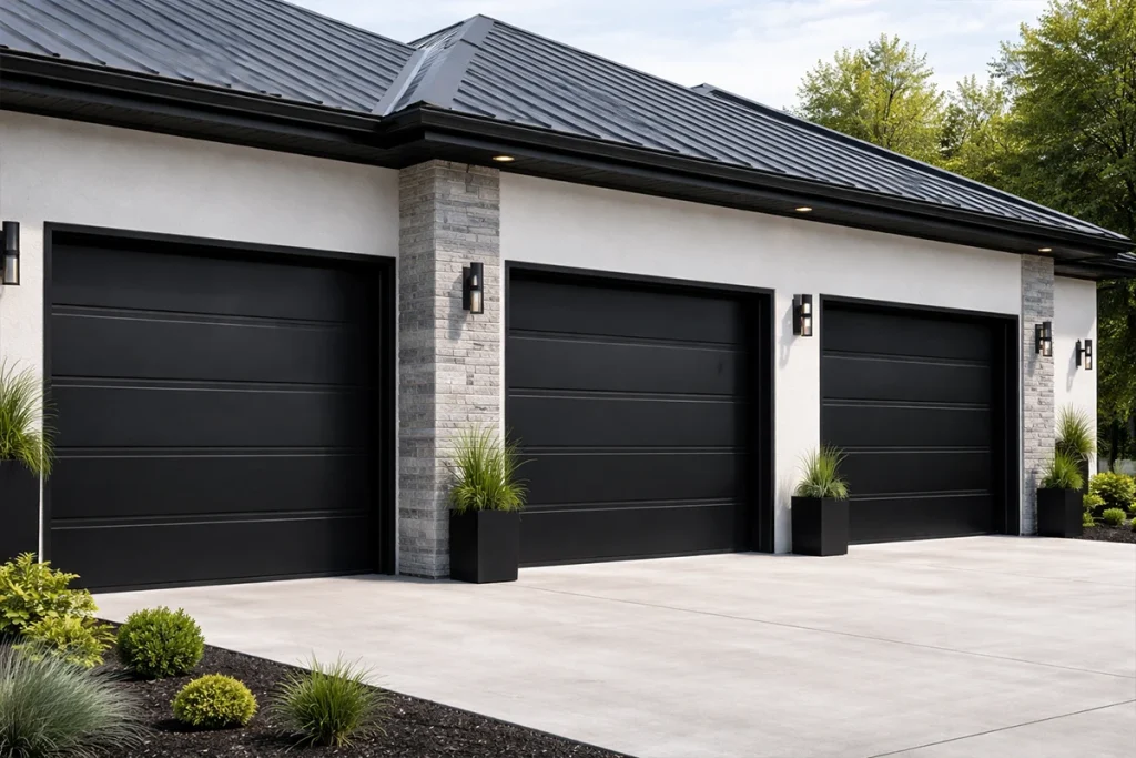 Three black flush panel sectional garage doors on a modern building, showcasing sleek minimalist design and curb appeal.