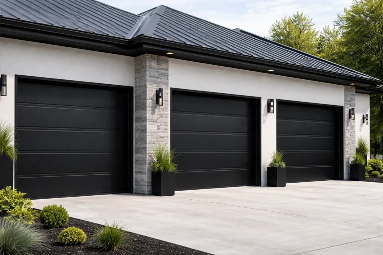 Three black flush panel sectional garage doors on a modern building, showcasing sleek minimalist design and curb appeal.