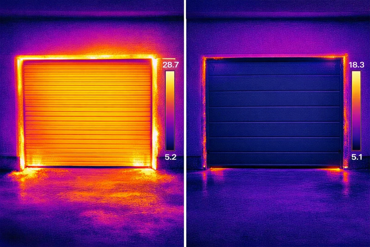 Infrared thermal imaging comparison showing heat loss on standard doors versus the superior thermal barrier of ABX insulated black garage doors.