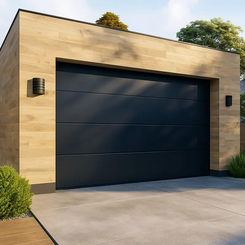 Contemporary black sectional garage door with horizontal ribs set in a wood-cladding modern exterior.