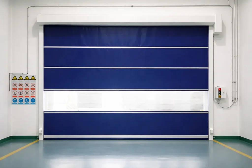 Blue cleanroom high-speed door with a vision panel and smart control box, designed for strict cross-contamination control in GMP-compliant facilities.