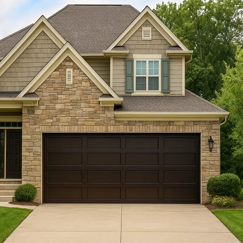 Classic brown wood-tone raised panel residential garage door for single-family houses.