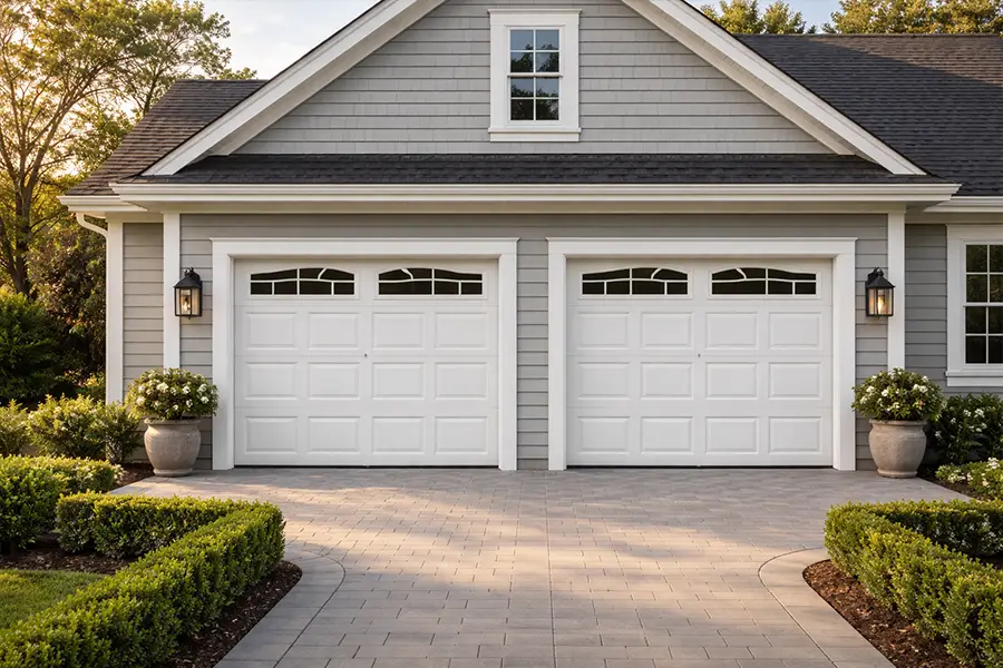 Carriage house style white short panel garage doors with decorative black handles and hinges.