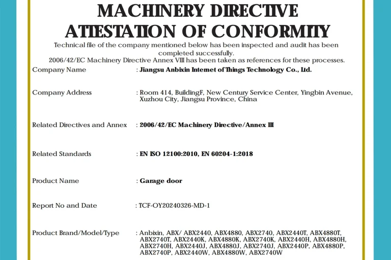 Official CE Machinery Directive Attestation of Conformity for ABX industrial garage doors, guaranteeing strict adherence to European safety standards and EHS compliance for global wholesale projects.