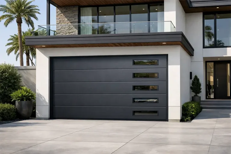Charcoal grey modern garage door with vertical side window apertures