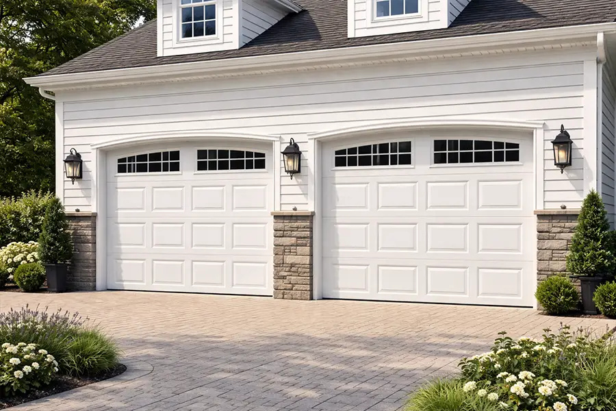 Classic white insulated short panel steel garage doors featuring decorative vision panels.