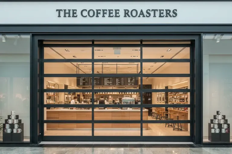 Full view black aluminum sectional glass door for a coffee shop storefront.