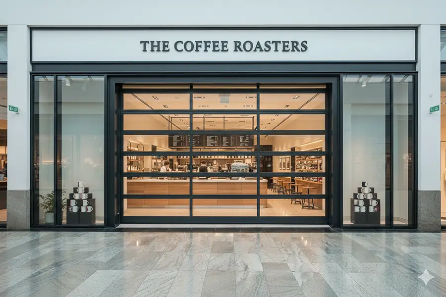 Full view black aluminum sectional glass door for a coffee shop storefront.