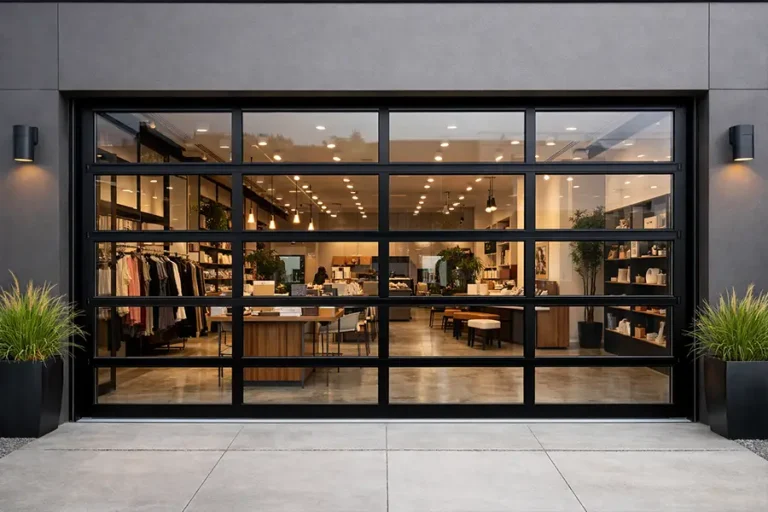 Commercial full-view glass overhead door for a modern boutique showroom, featuring high light transmission and industrial durability.