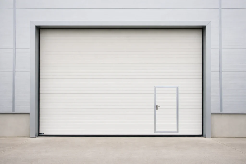 A heavy-duty white commercial garage door featuring an integrated pedestrian pass door (a garage door with a door in it), manufactured by ABX to ensure personnel safety and reduce HVAC energy loss in industrial facilities.
