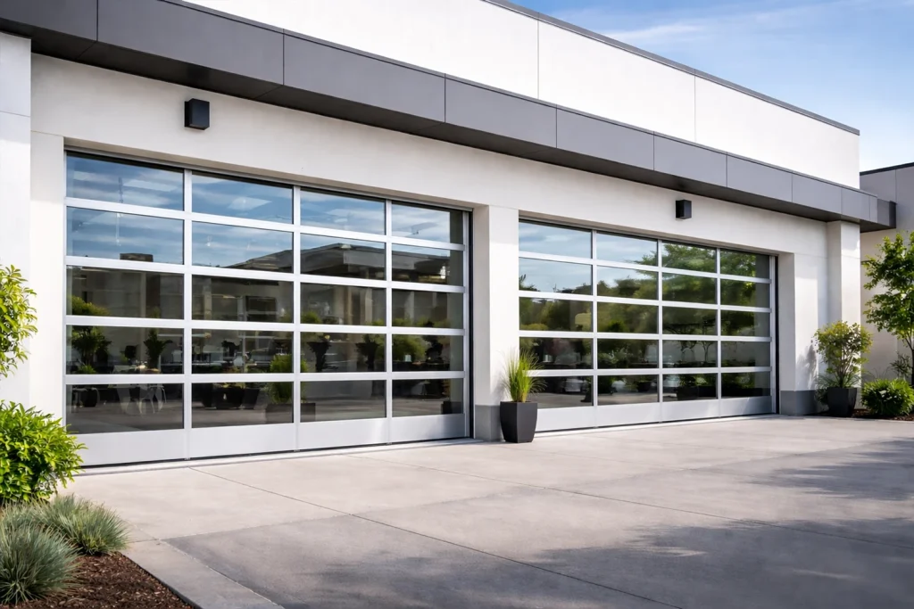 Two modern commercial glass garage doors featuring heavy-duty aluminum frames and full-view panels, supplied by ABX for industrial facilities and showrooms.