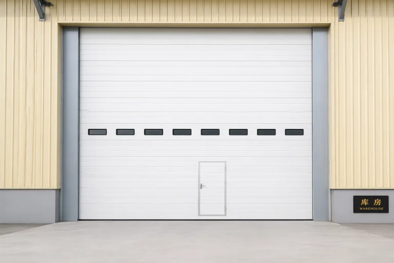 A large white commercial overhead door featuring an integrated pedestrian man door and shatterproof vision windows, manufactured by ABX for industrial warehouse facades.
