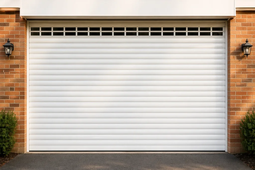 A heavy-duty white commercial roll-up garage door featuring a top row of vision windows, showcasing an ideal upgrade by ABX to maximize natural lighting and security for modern facilities.