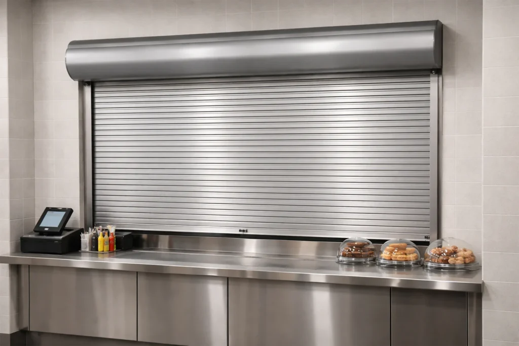 A sleek aluminum commercial rolling counter door supplied by ABX, ensuring robust security and a professional aesthetic for a cafeteria service window during off-hours.