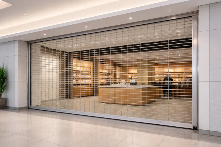 A heavy-duty commercial rolling security grille installed at a retail storefront, manufactured by ABX to provide automatic door grate solutions that ensure security while maintaining visibility and airflow.
