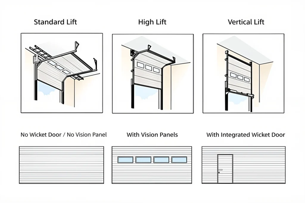 Diagrams illustrating standard, high, and vertical lift types for commercial sectional doors, alongside vision panel and integrated wicket door options manufactured by ABX.