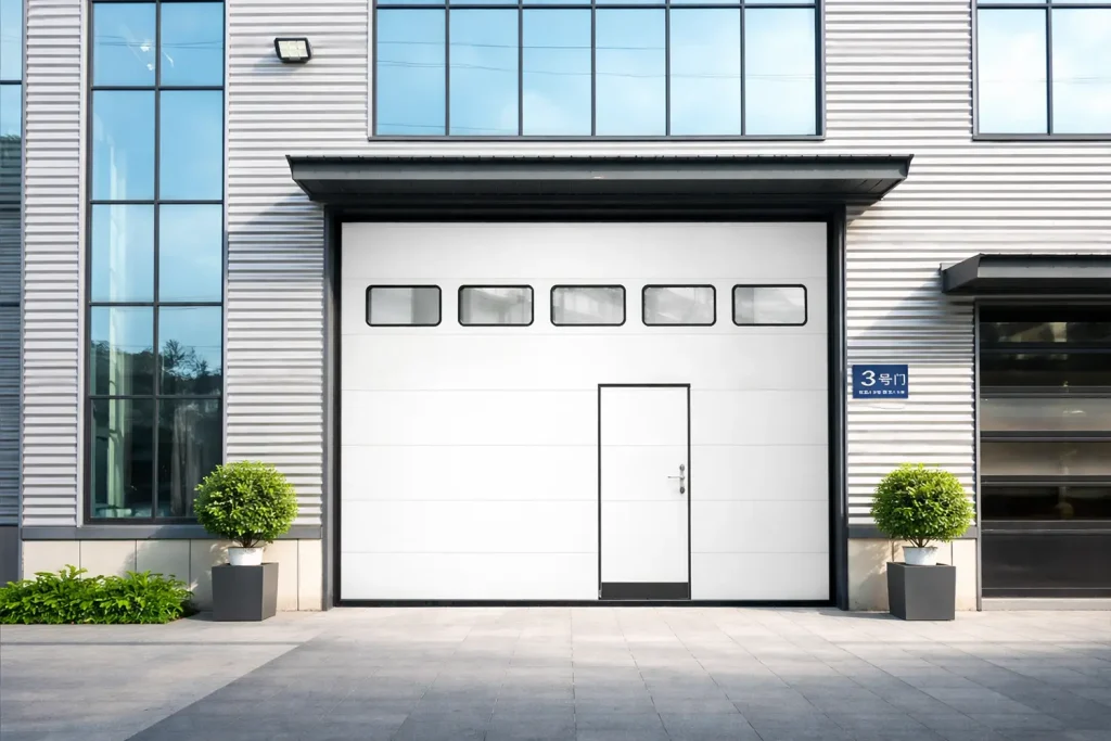 Exterior facade of a commercial building featuring a modern industrial sectional door with natural lighting vision panels and a convenient wicket door.