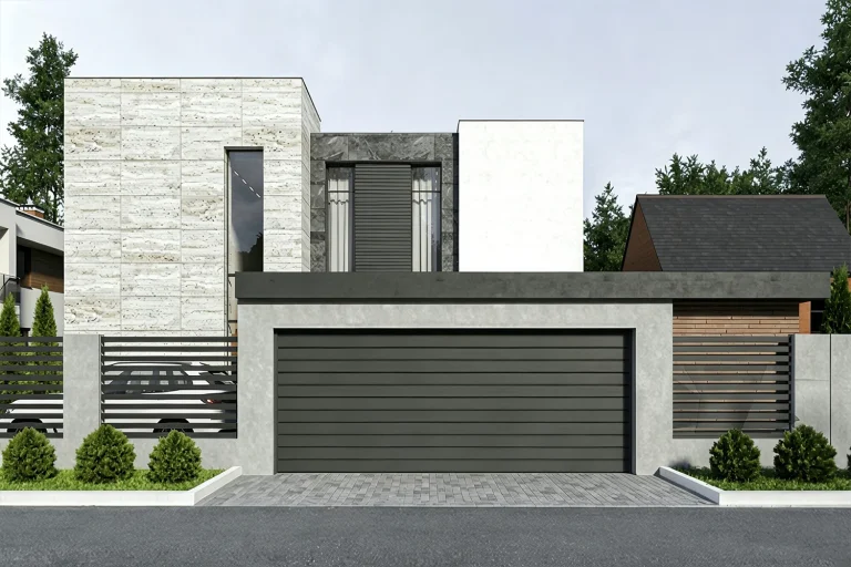 Exterior view of a modern facility featuring a sleek, heavy-duty commercial steel insulated garage door, engineered by ABX with high-density PU foam to maximize thermal efficiency and ROI.