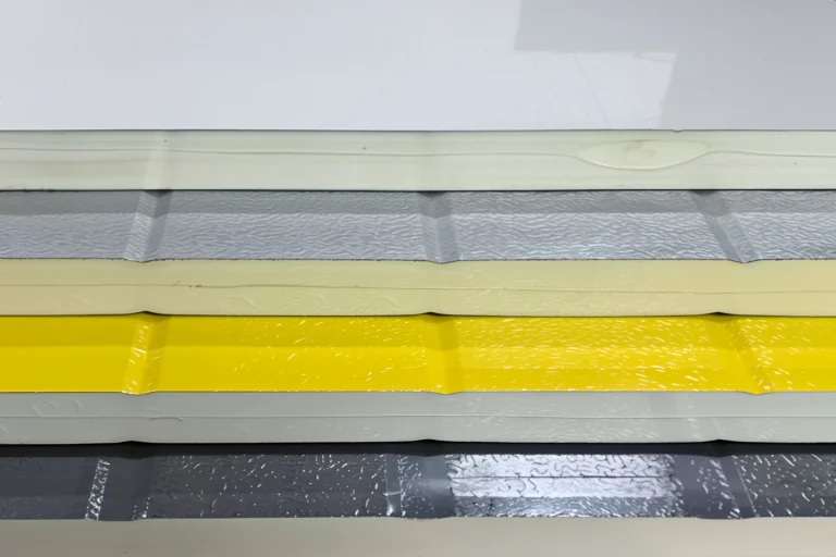 Cross-section of four different colored heavy-duty steel back garage door panels, highlighting the high-density PU foam core that maximizes thermal efficiency and ROI.