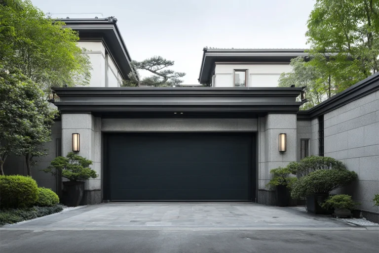 Modern flush-panel commercial weatherproof garage door installed in a high-end facility, featuring heavy-duty EPDM sealing strips for ANSI/DASMA 105 compliance and optimal HVAC efficiency.