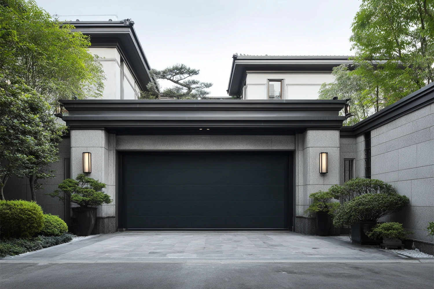 Modern flush-panel commercial weatherproof garage door installed in a high-end facility, featuring heavy-duty EPDM sealing strips for ANSI/DASMA 105 compliance and optimal HVAC efficiency.