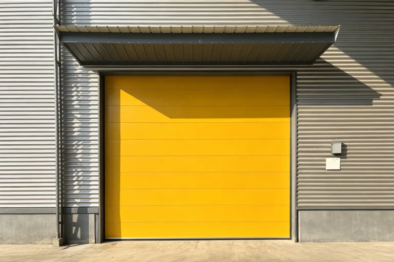 A custom-sized, heavy-duty commercial overhead door installed on a corrugated metal industrial facility. ABX OEM manufacturer engineers CE/ISO certified doors with custom dimensions and wind load solutions for global wholesale projects.
