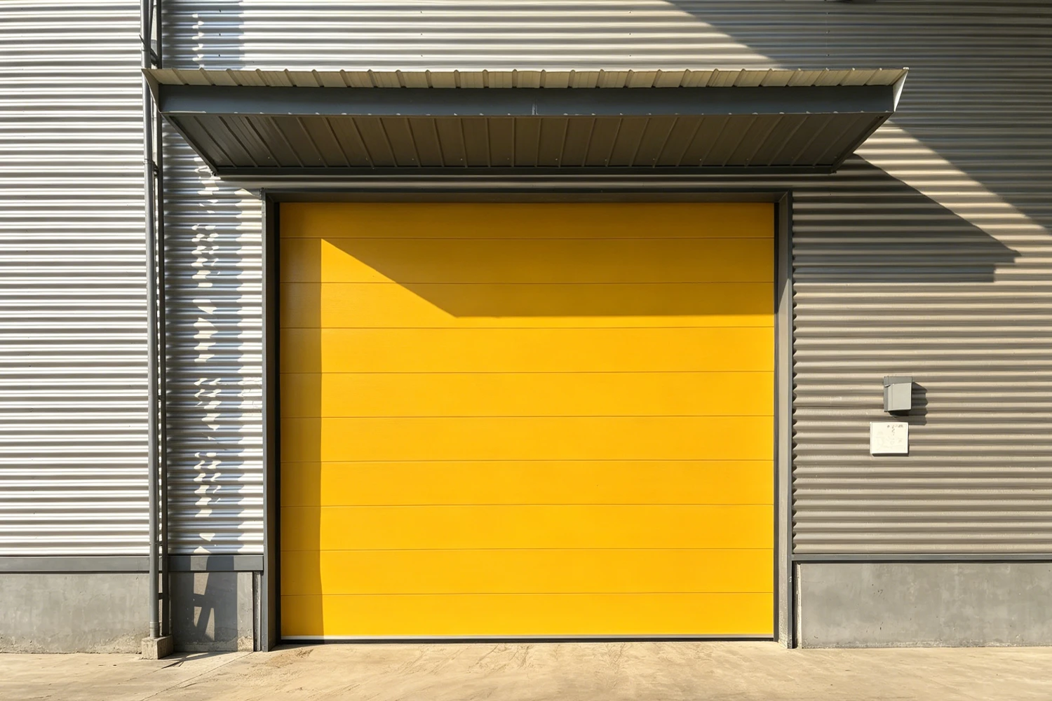 A custom-sized, heavy-duty commercial overhead door installed on a corrugated metal industrial facility. ABX OEM manufacturer engineers CE/ISO certified doors with custom dimensions and wind load solutions for global wholesale projects.