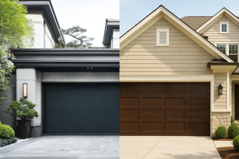Side-by-side comparison of ABX custom commercial garage doors featuring a sleek modern black finish and a faux wood tone design. Both heavy-duty doors are engineered with PU sandwich panels and wind struts to prevent thermal bowing in architectural projects.