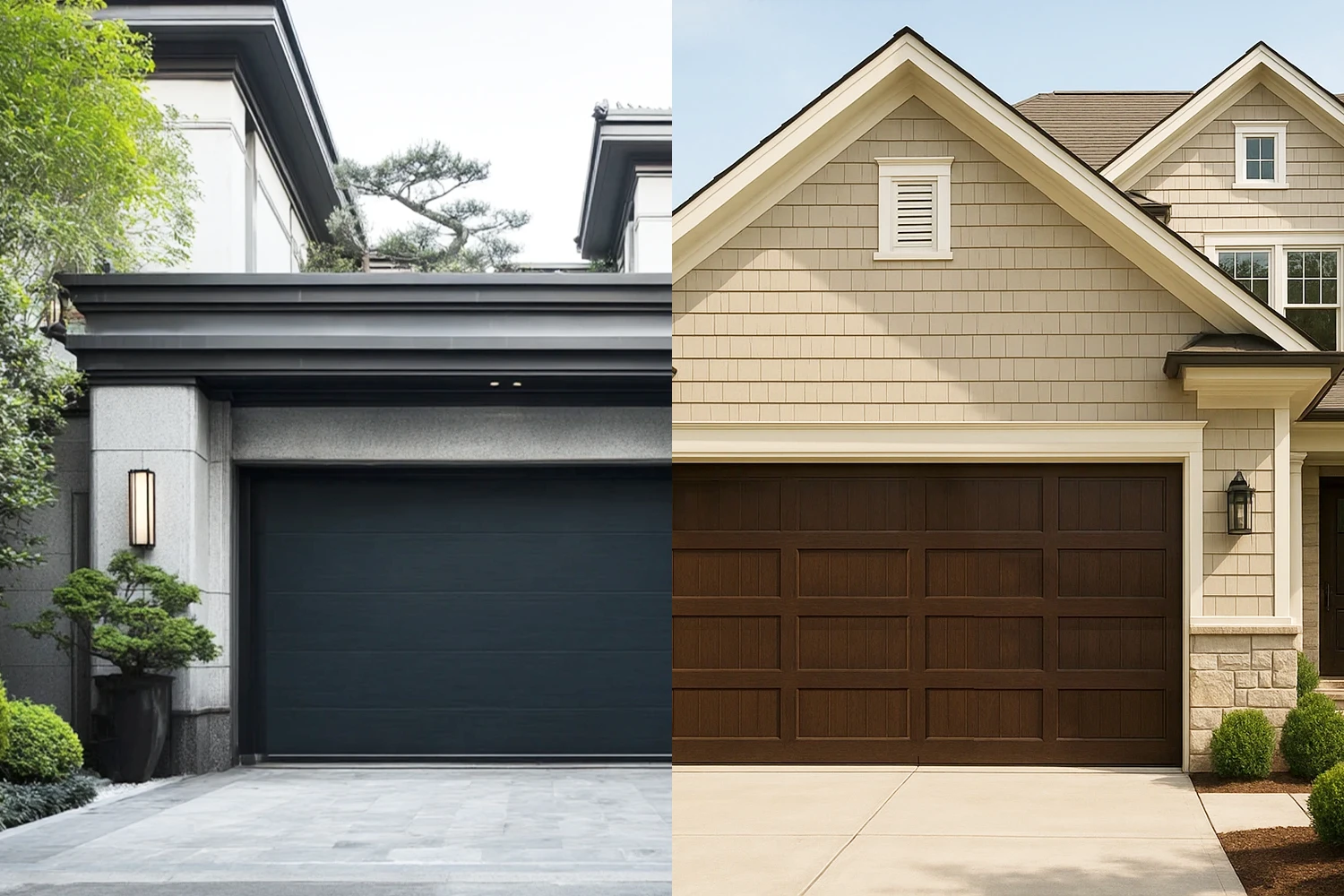 Side-by-side comparison of ABX custom commercial garage doors featuring a sleek modern black finish and a faux wood tone design. Both heavy-duty doors are engineered with PU sandwich panels and wind struts to prevent thermal bowing in architectural projects.