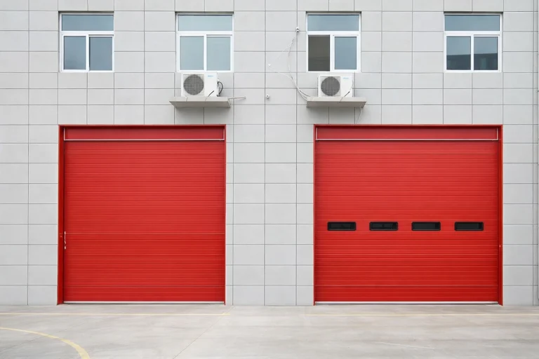 Custom red heavy duty industrial garage doors with vision panels, showcasing ABX's galvanized steel door color customization for commercial facilities.