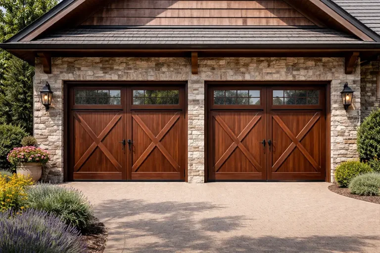 A pair of custom steel garage doors with premium faux wood finish and cross-buck design by ABX Doors.