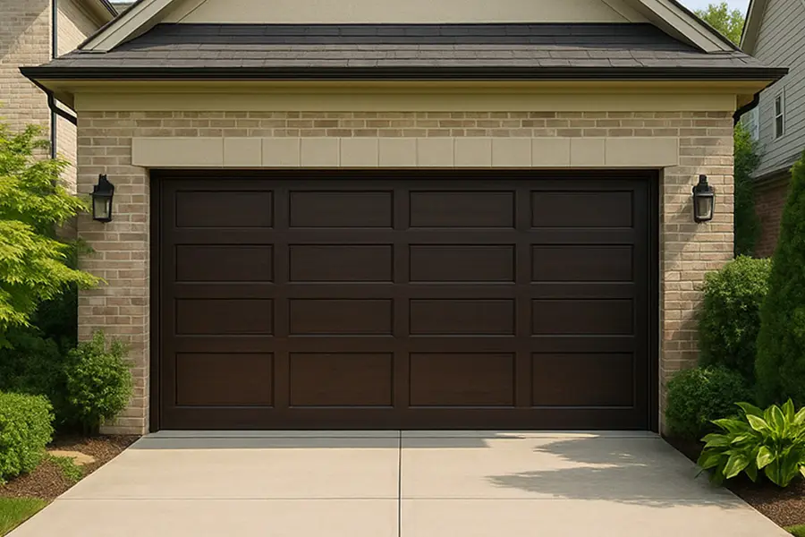 Dark brown sectional garage door with classic raised panels on a brick house facade