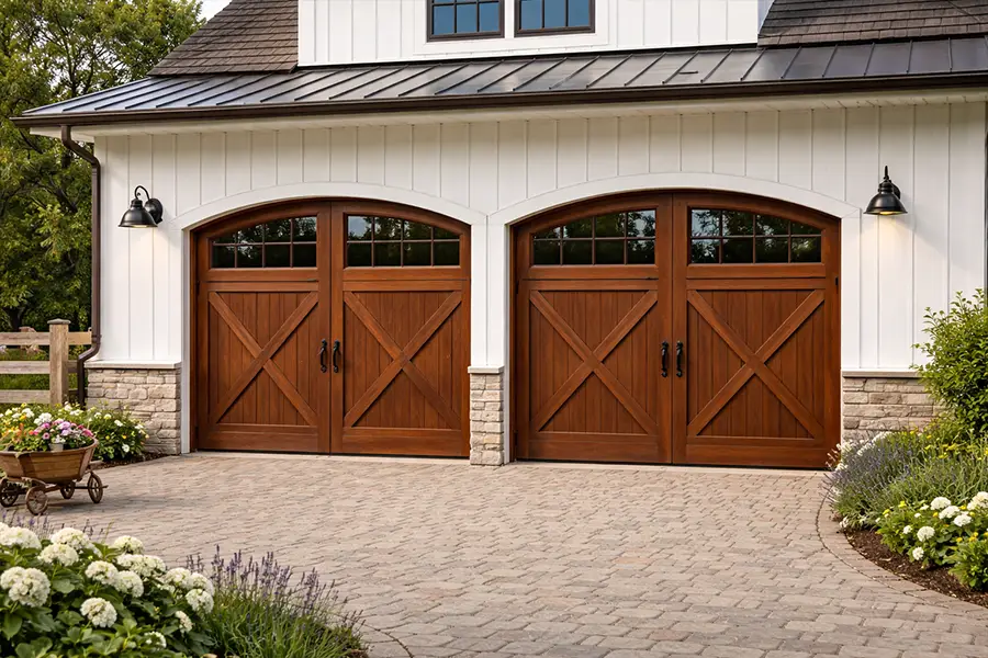 Dark Wood Grain Garage Doors with Cross Buck Design and Windows