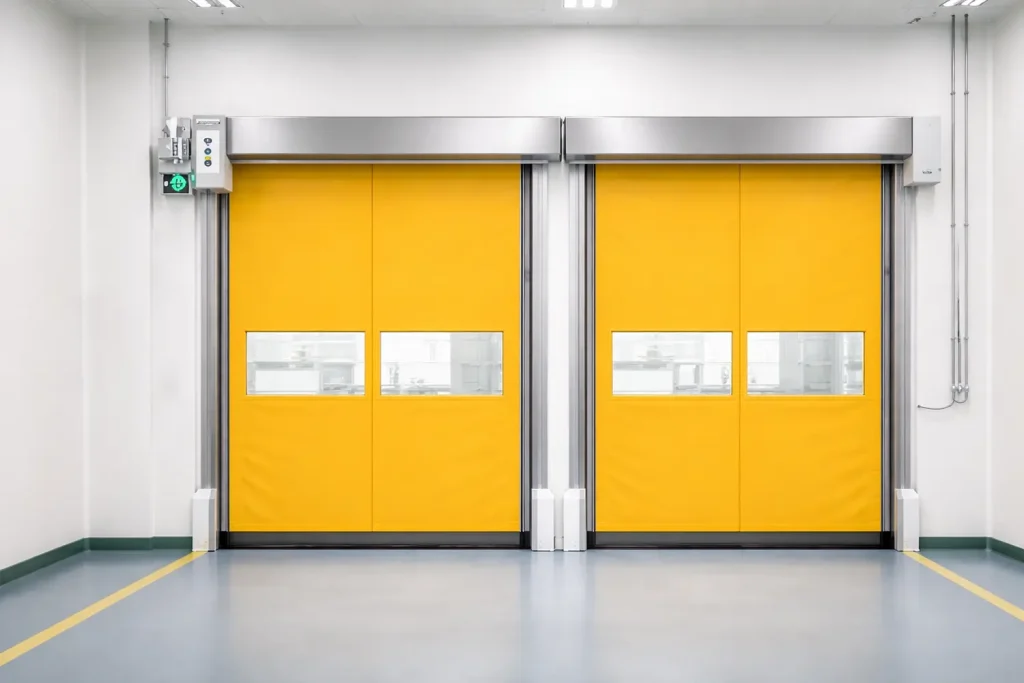 Dual installation of zipper structure high speed doors acting as an efficient airlock system for high-traffic logistics in a controlled manufacturing environment.