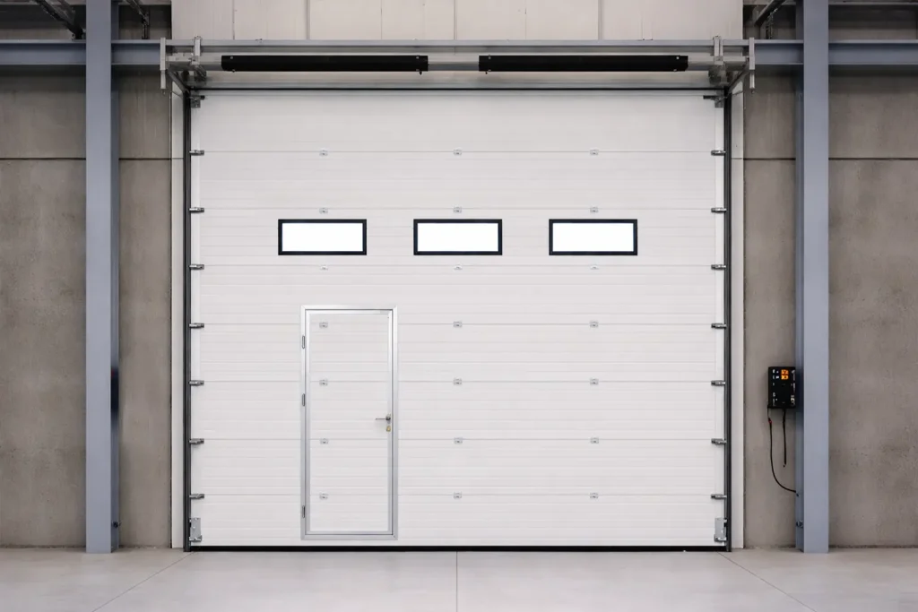 Interior view of an energy-efficient industrial sectional door featuring a built-in wicket door and vision panels for optimized facility access.