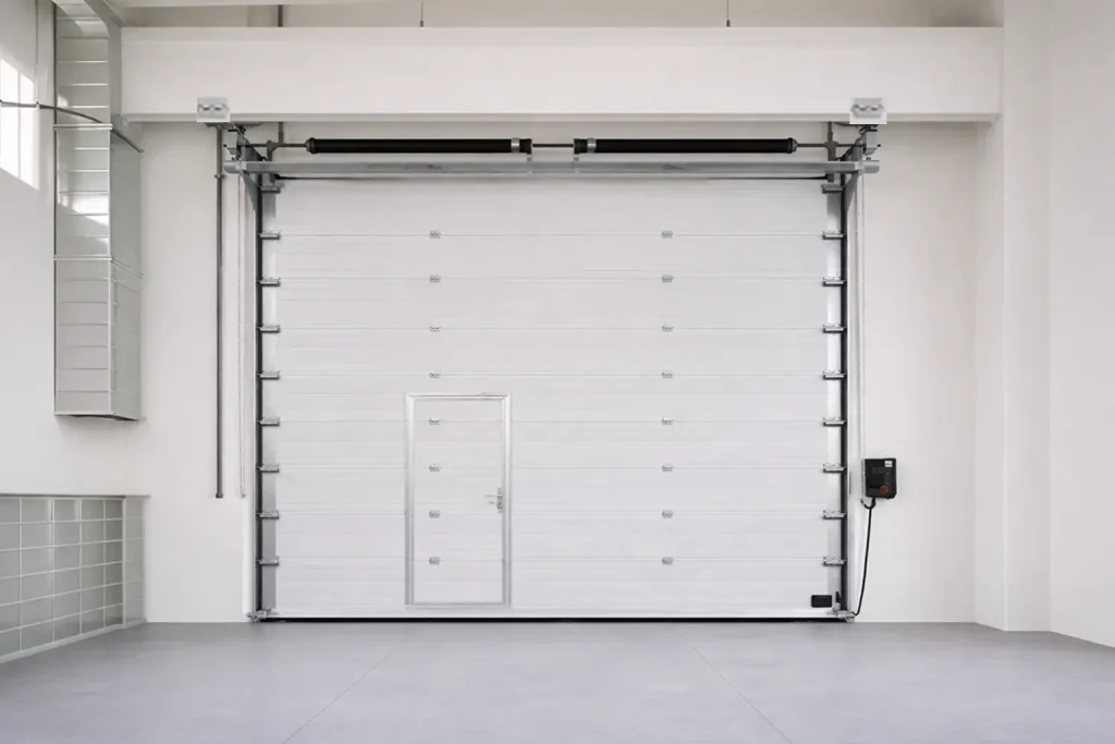Energy-efficient modern garage doors with a pedestrian wicket door, optimizing access and climate control inside a clean manufacturing facility