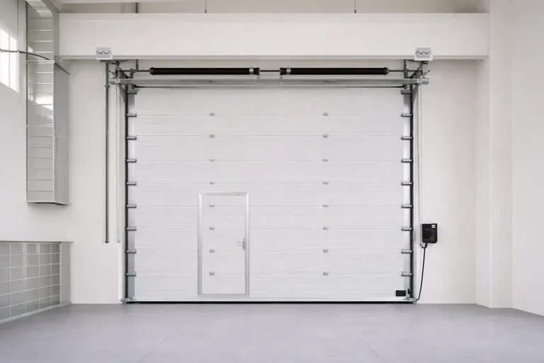 Energy-efficient modern garage doors with a pedestrian wicket door, optimizing access and climate control inside a clean manufacturing facility