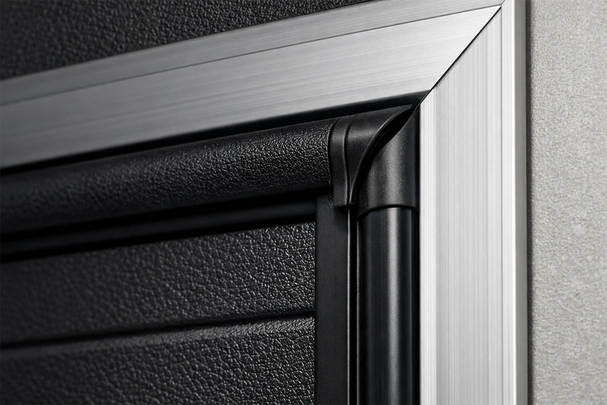 Close-up of heavy-duty EPDM perimeter seals and aluminum frame on an ABX modern black sectional door, ensuring a low U-value.