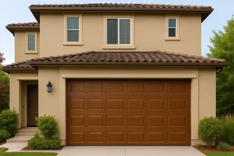 Luxury faux wood grain raised-panel steel garage door for Mediterranean style residence.